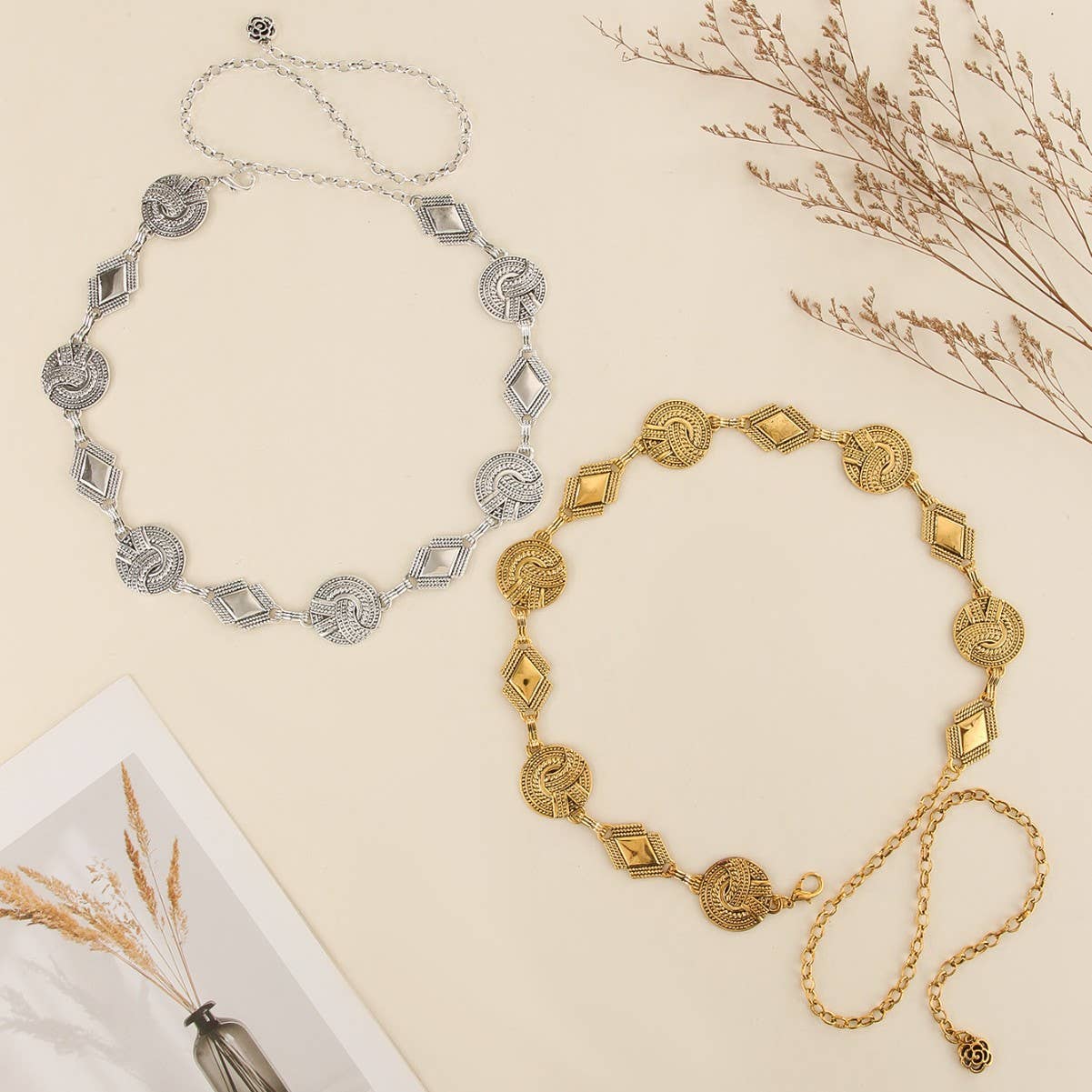 Retro rhinestone irregular metal waist chain