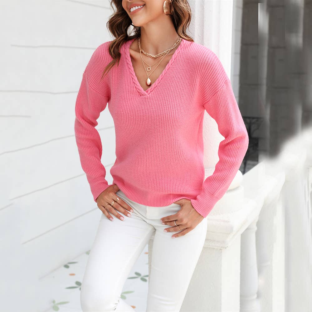V-NECK TWIST SLIM SOLID COLOR SWEATER PULLOVER