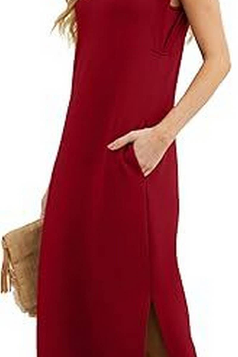 CWDMD5904_SLEEVELESS SPLIT HEM POCKET MAXI BEACH DRESS