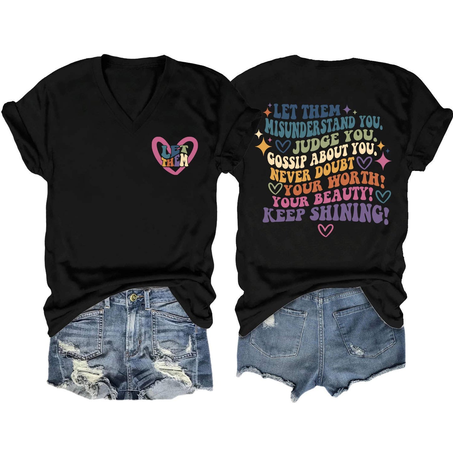 V-neck and fun letters Elegant women's T-shirt