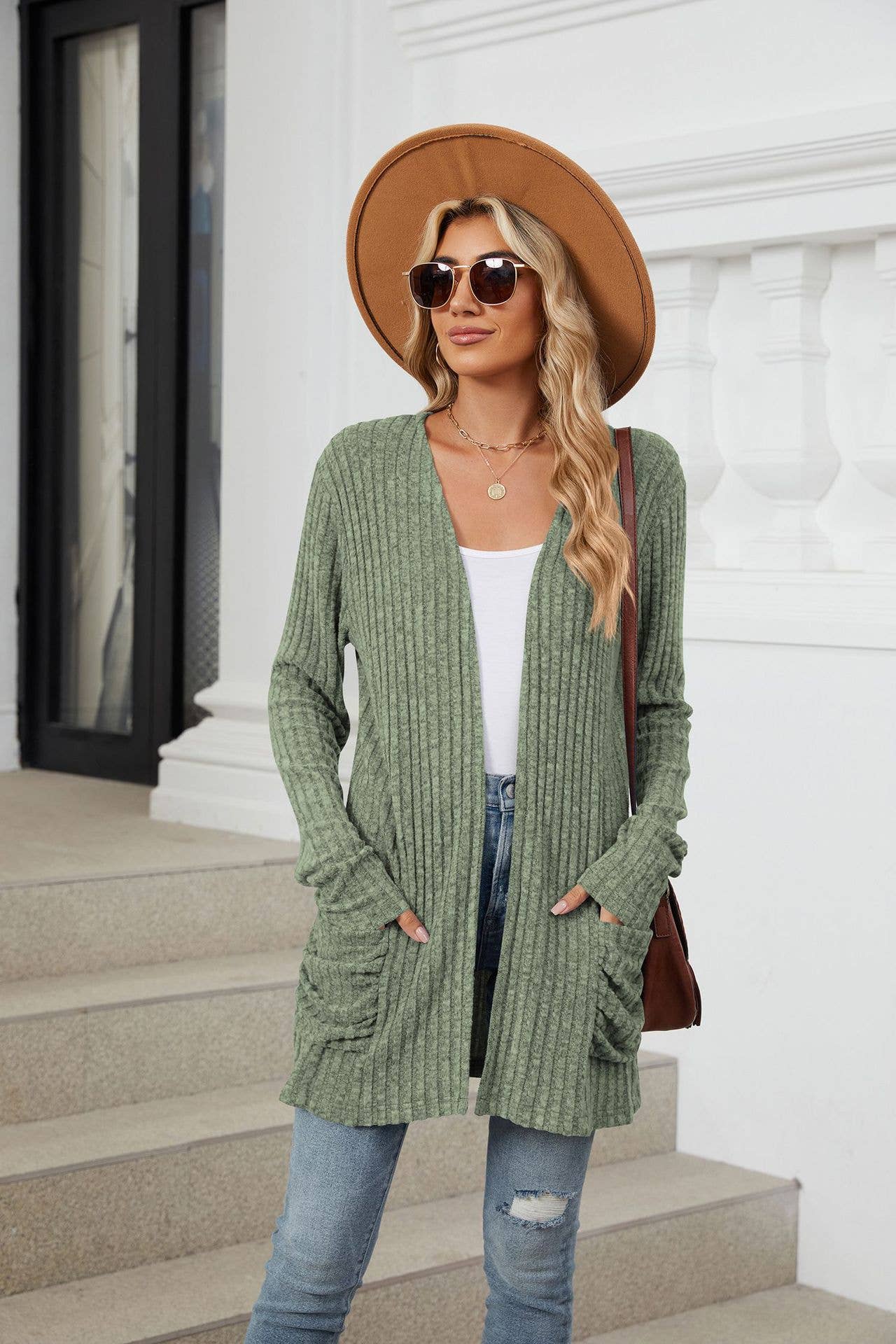 Solid-color casual pocket long-sleeved cardigan