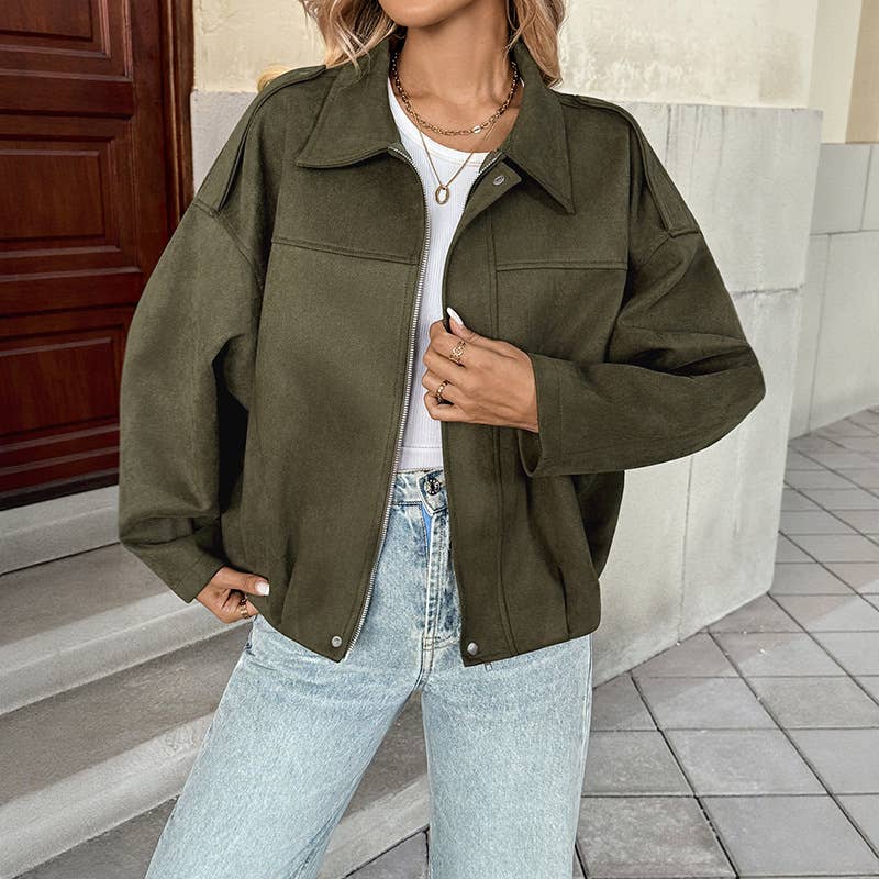 Suede-like velvet military green lapel jacket