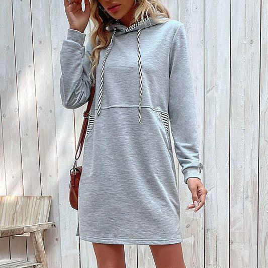 STRIPED PATCHWORK FASHION CASUAL HOODIE DRESS