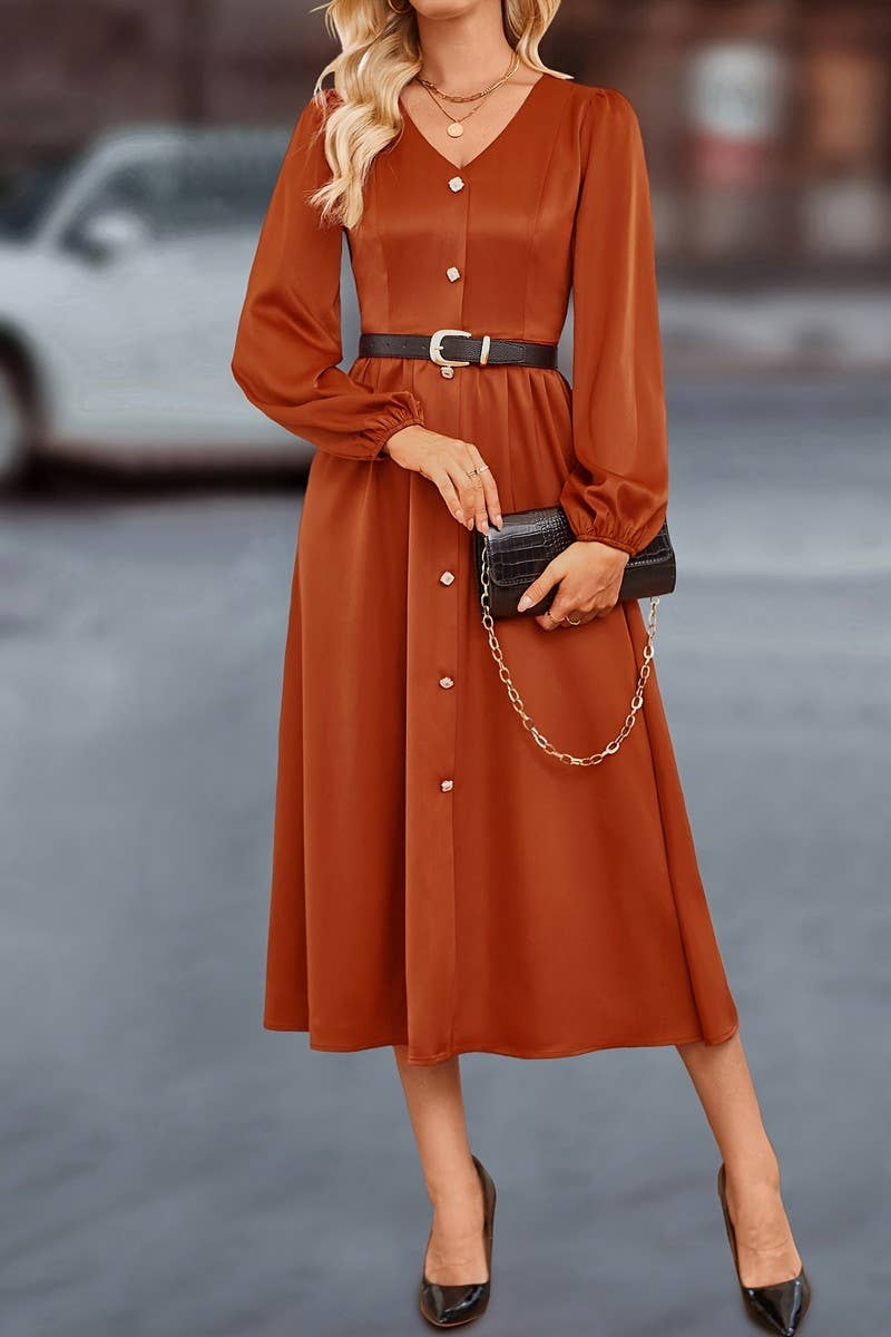 CWDMD5032_TEMPERAMENT BUTTONED V-NECK SHIRT DRESS