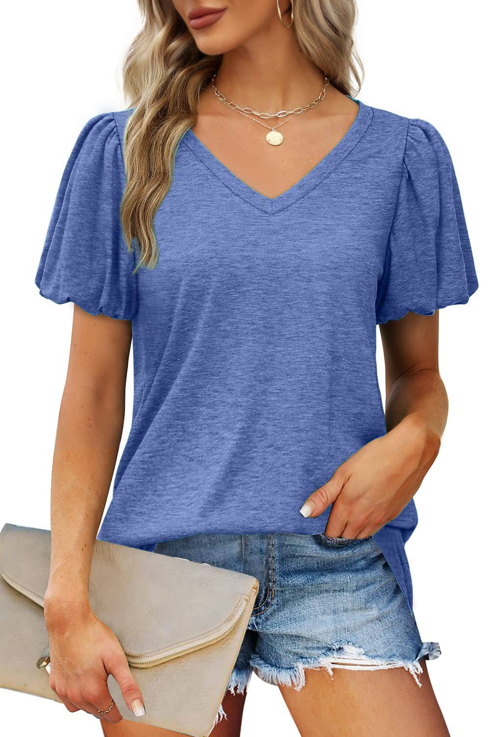 V-NECK LANTERN SLEEVE SOLID SHORT-SLEEVED TOP