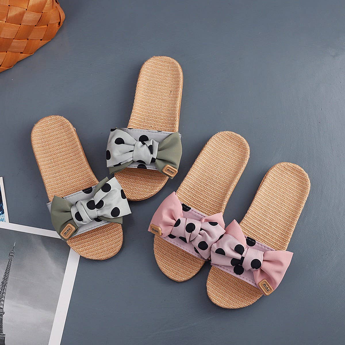 Polka Dot Linen Bow Slippers Soft Sole Non-Slip_CWSHF0185
