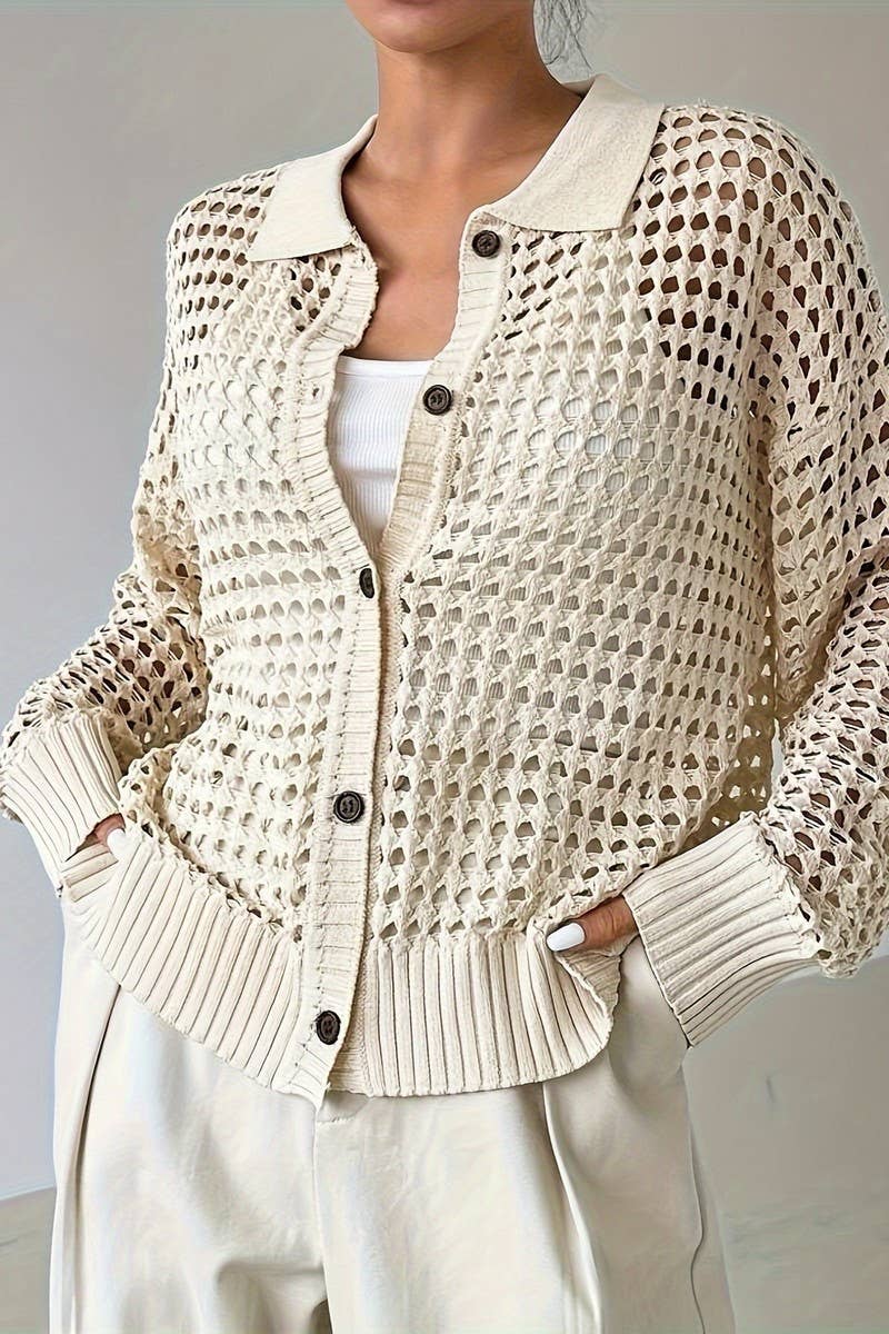 CWOCAL2285_WOMEN'S HOLLOW SOLID COLOR KNIT CARDIGAN