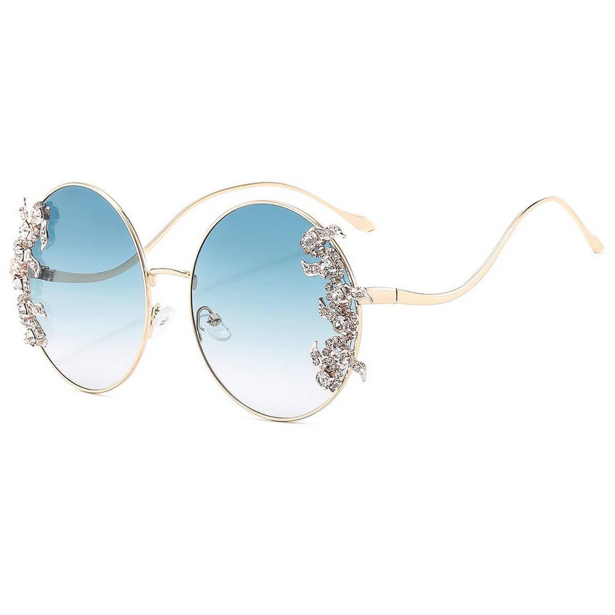 Luxury Rhinestone Wave Metal Leg Round Sunglasses