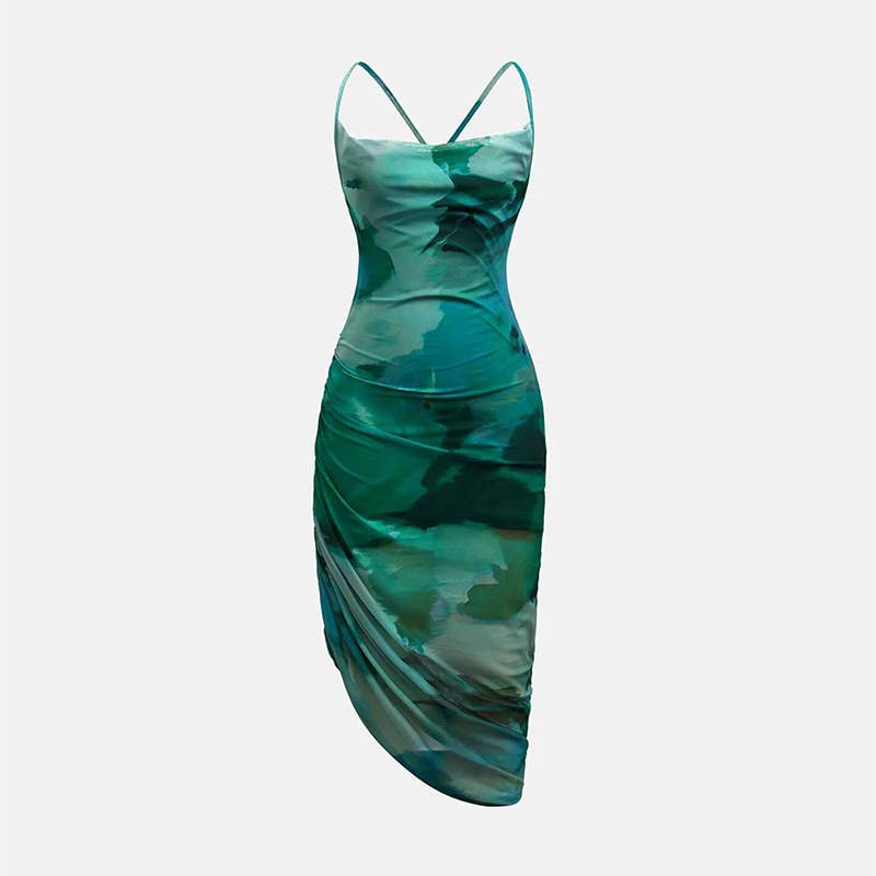 TIE-DYE DRAWSTRING SLIM MESH HALTER MIDI DRESS