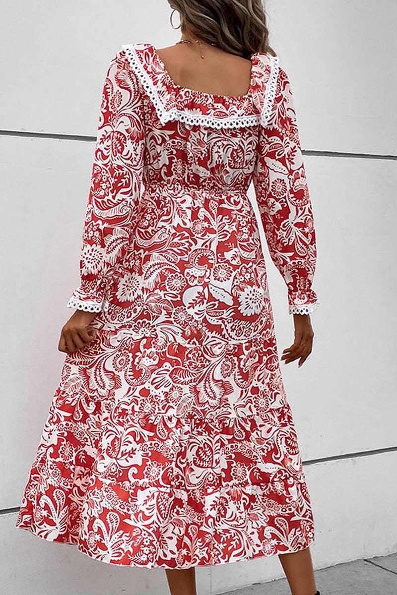 CWDMD4542_SPRING AND AUTUMN LONG SLEEVE RED PRINTED DRESS
