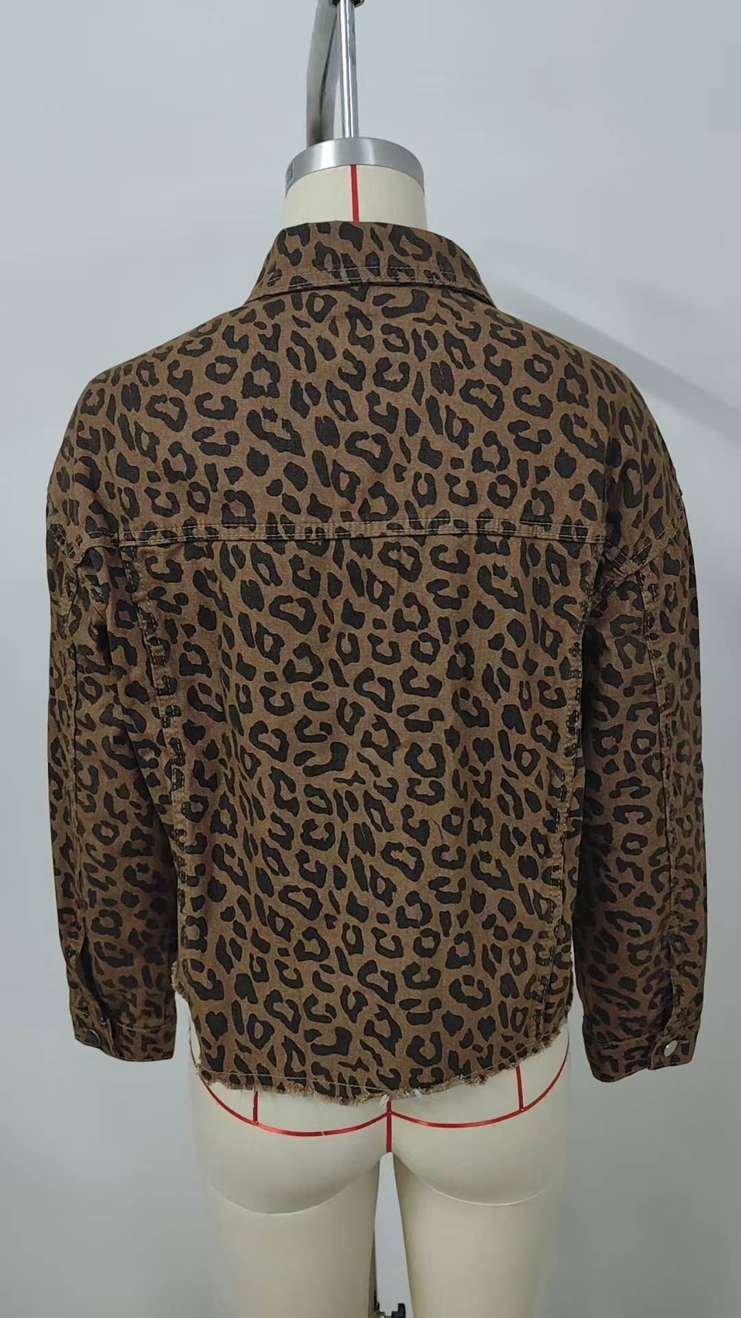 Street-style leopard print denim short jacket