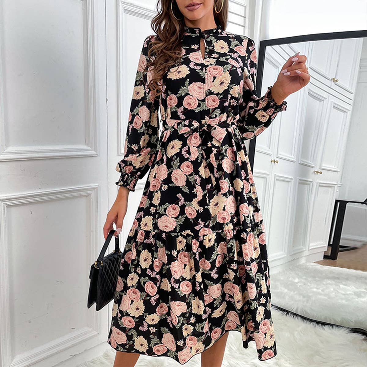 Printed lace-up dress with high neck