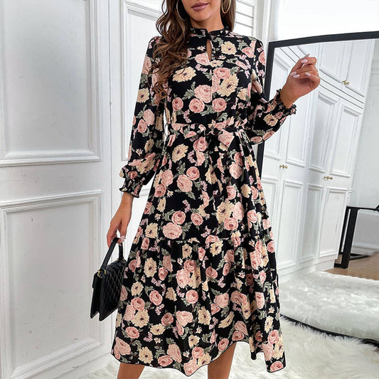 Printed lace-up dress with high neck