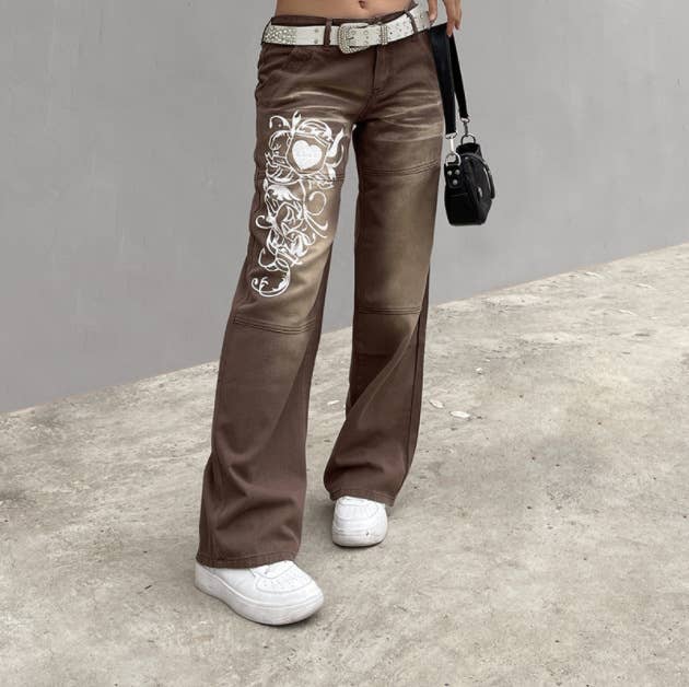 Fashion printed straight-through wide-leg jeans