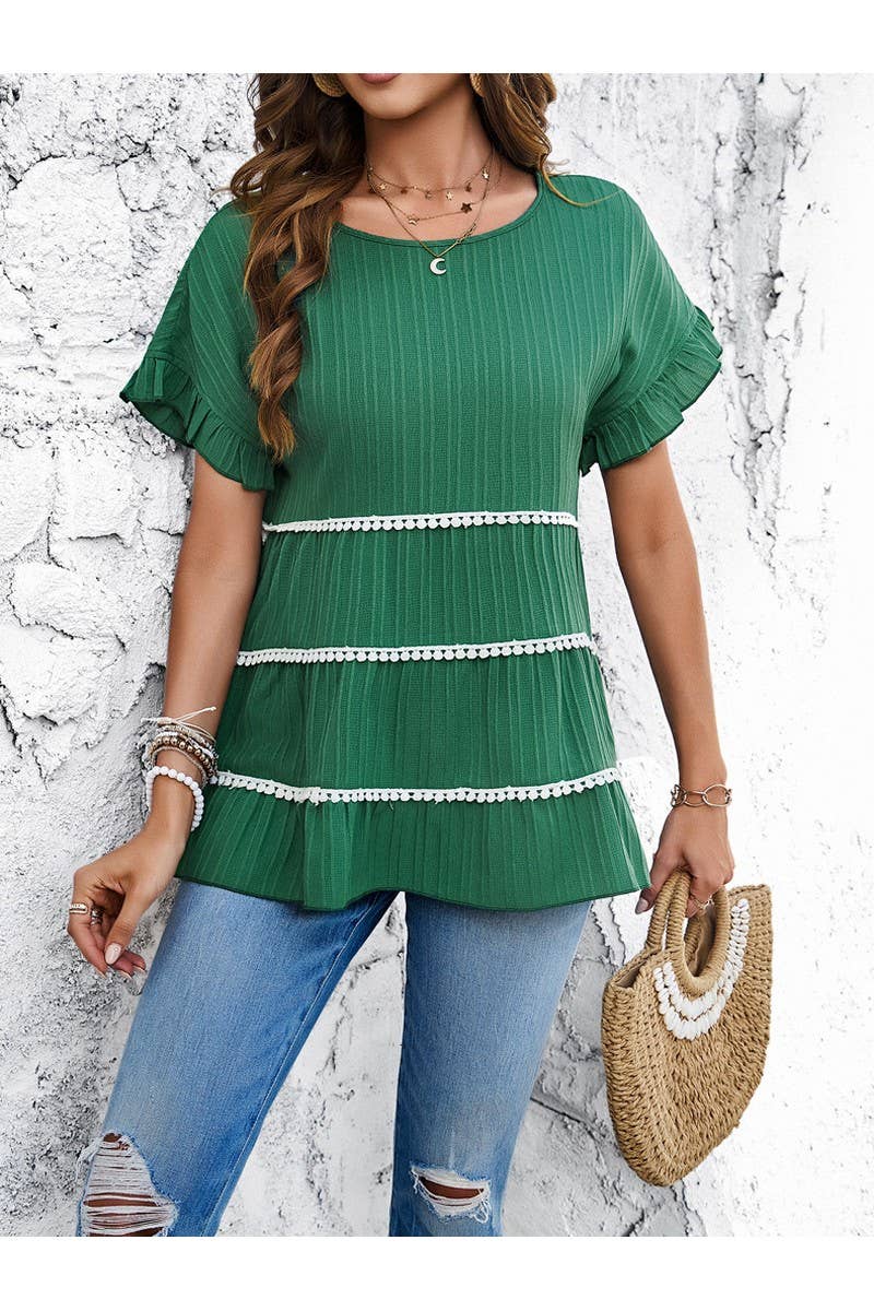 Cwtts1107_Solid Color Crew Neck Short Sleeved Loose Blouse