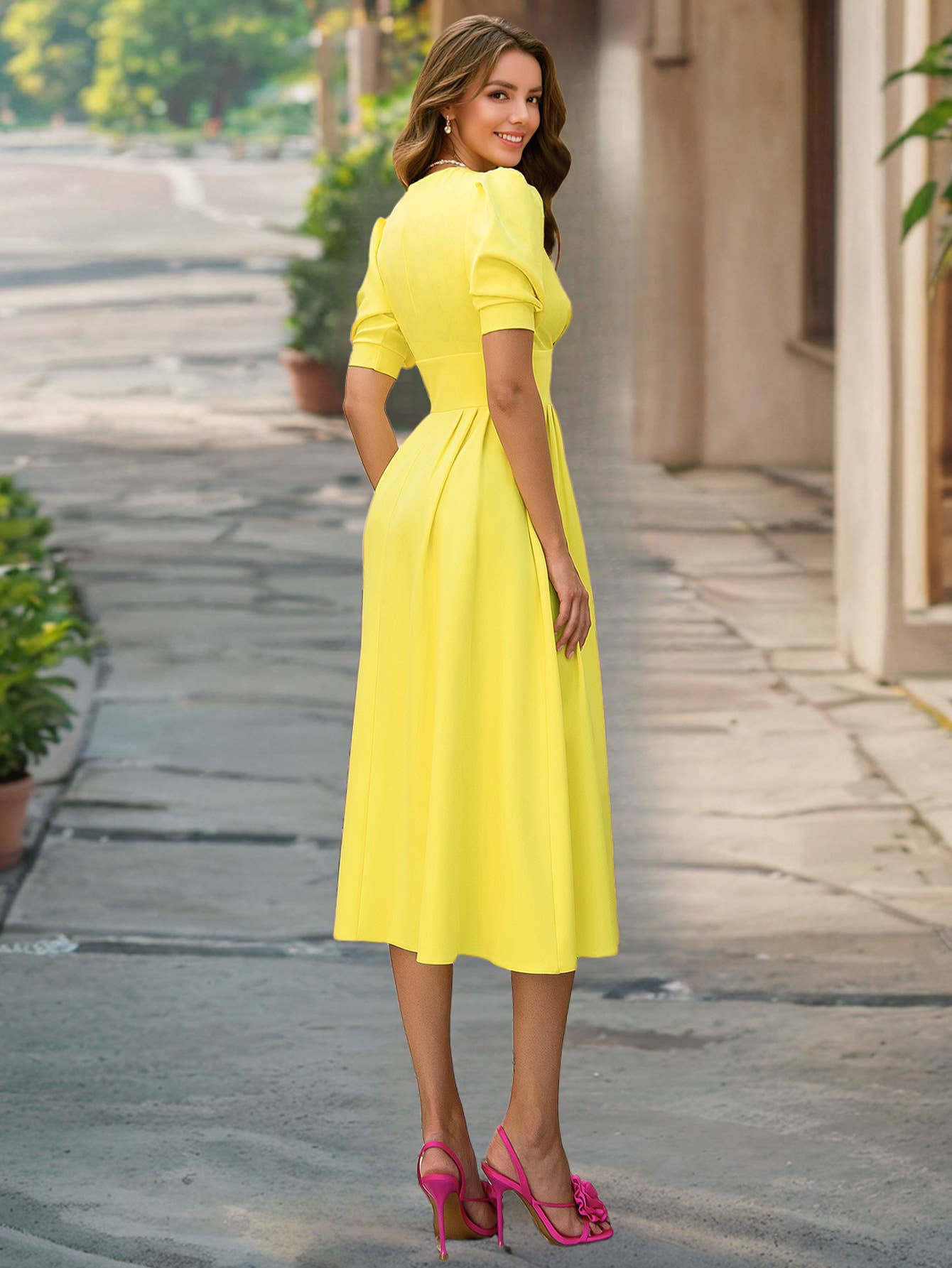 Solid-color V-neck lantern sleeve fitted dress