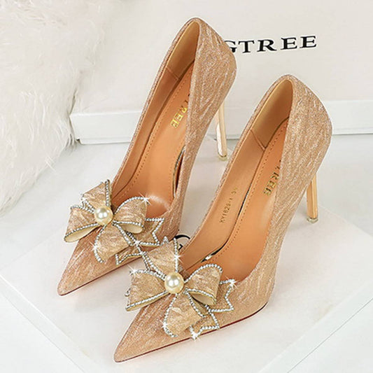 POINTED TOE PEARL RHINESTONE BOW HIGH HEELS_CWSHH0101