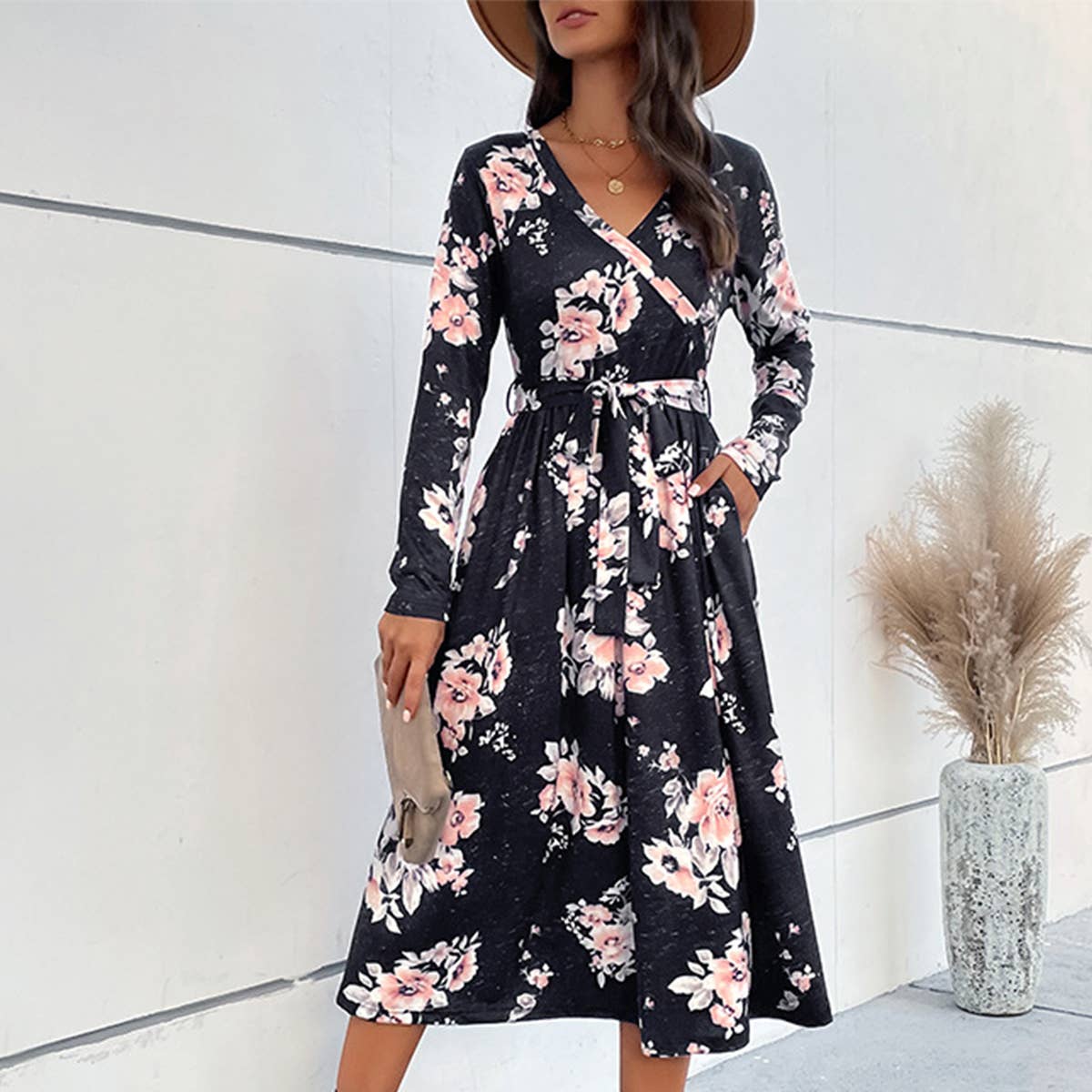 V-NECK SLIM-FIT PRINT LACE-UP LONG DRESS