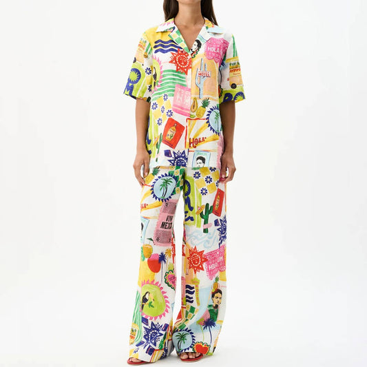 Fashion abstract printed shirt trousers suit