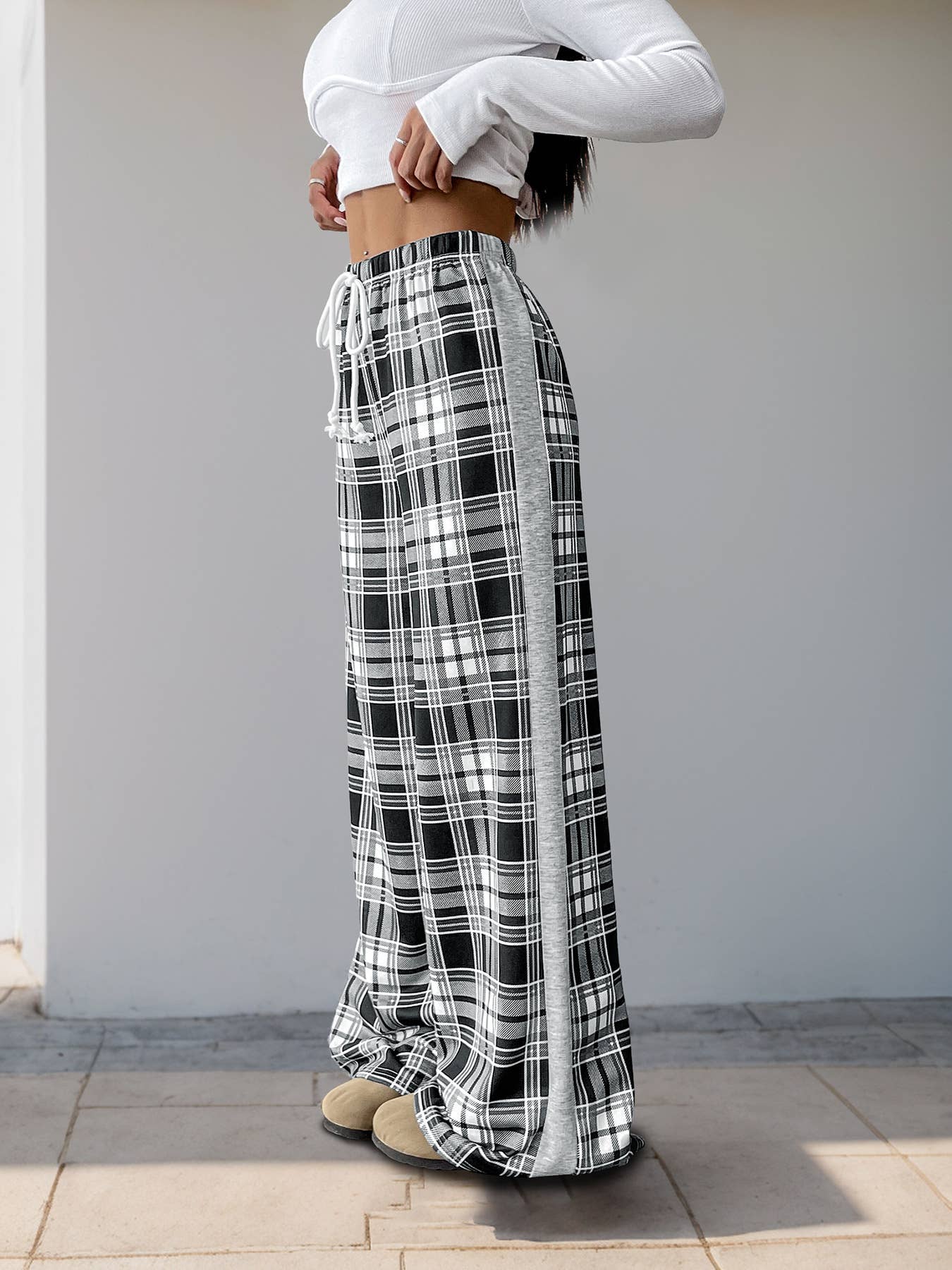 Casual plaid patchwork wide-leg pants