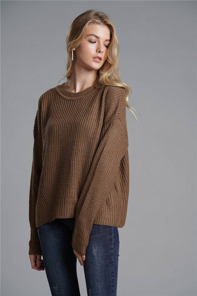 WOMEN'S LOOSE KNIT SWEATER CREW NECK KNIT SWEATER
