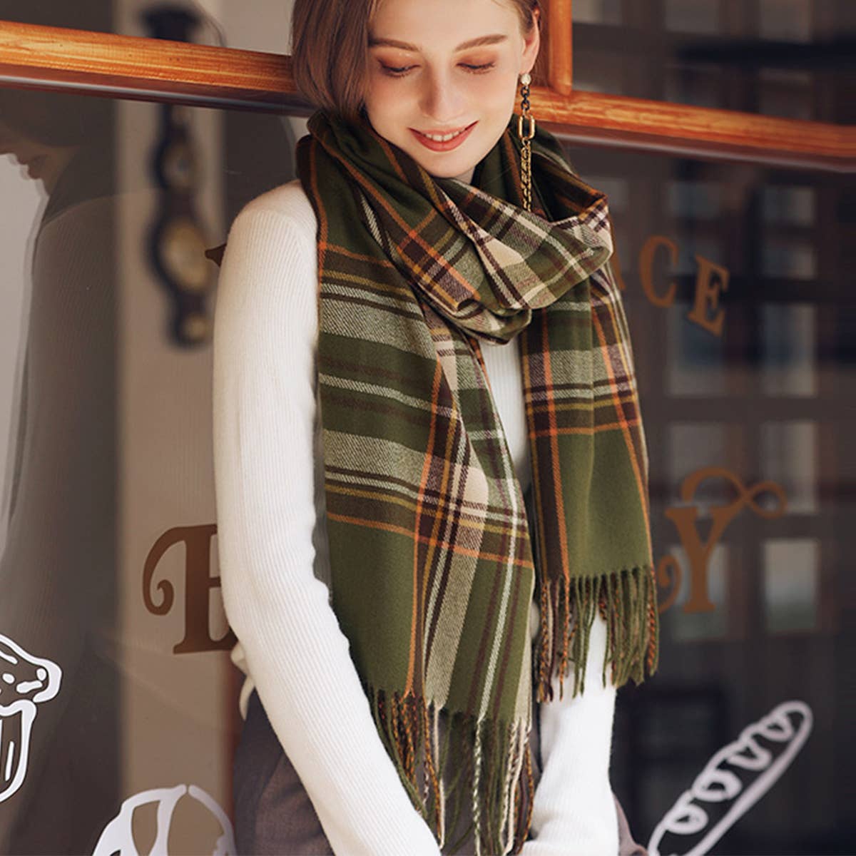 Plaid Winter Scarf for Women with Tassels, Warm_CWASC0186