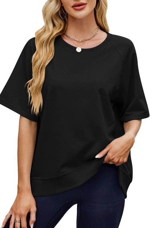 Cwtts1341_Spring And Summer Threaded Round Neck Loose Top