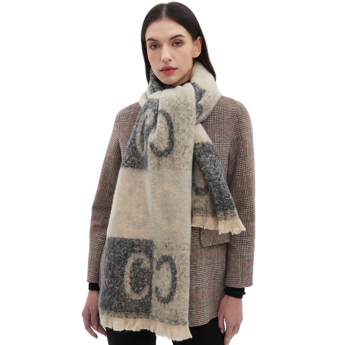 Letter Jacquard Scarf ? Winter Short Fringe Wrap