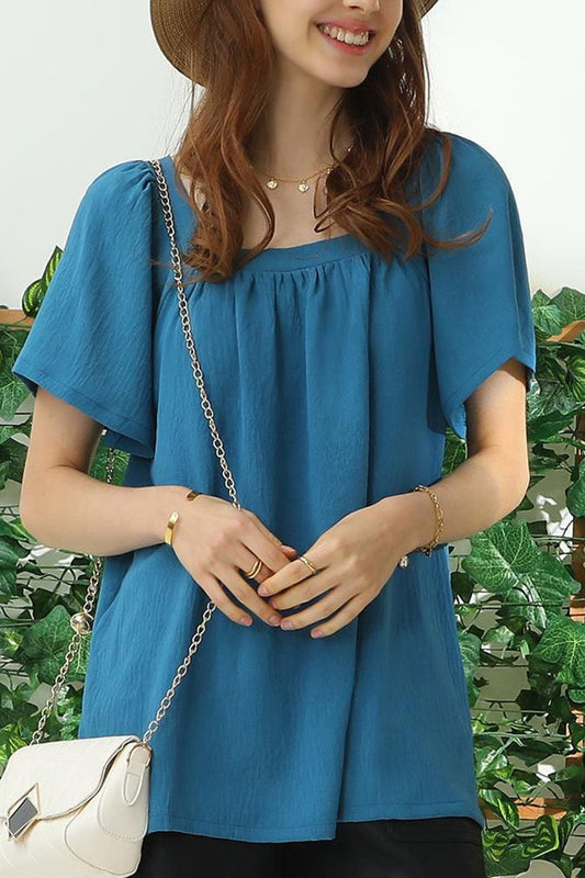 SQURE NECK RUFFLE NECK SHORT SLEEVE BLOUSE TOP