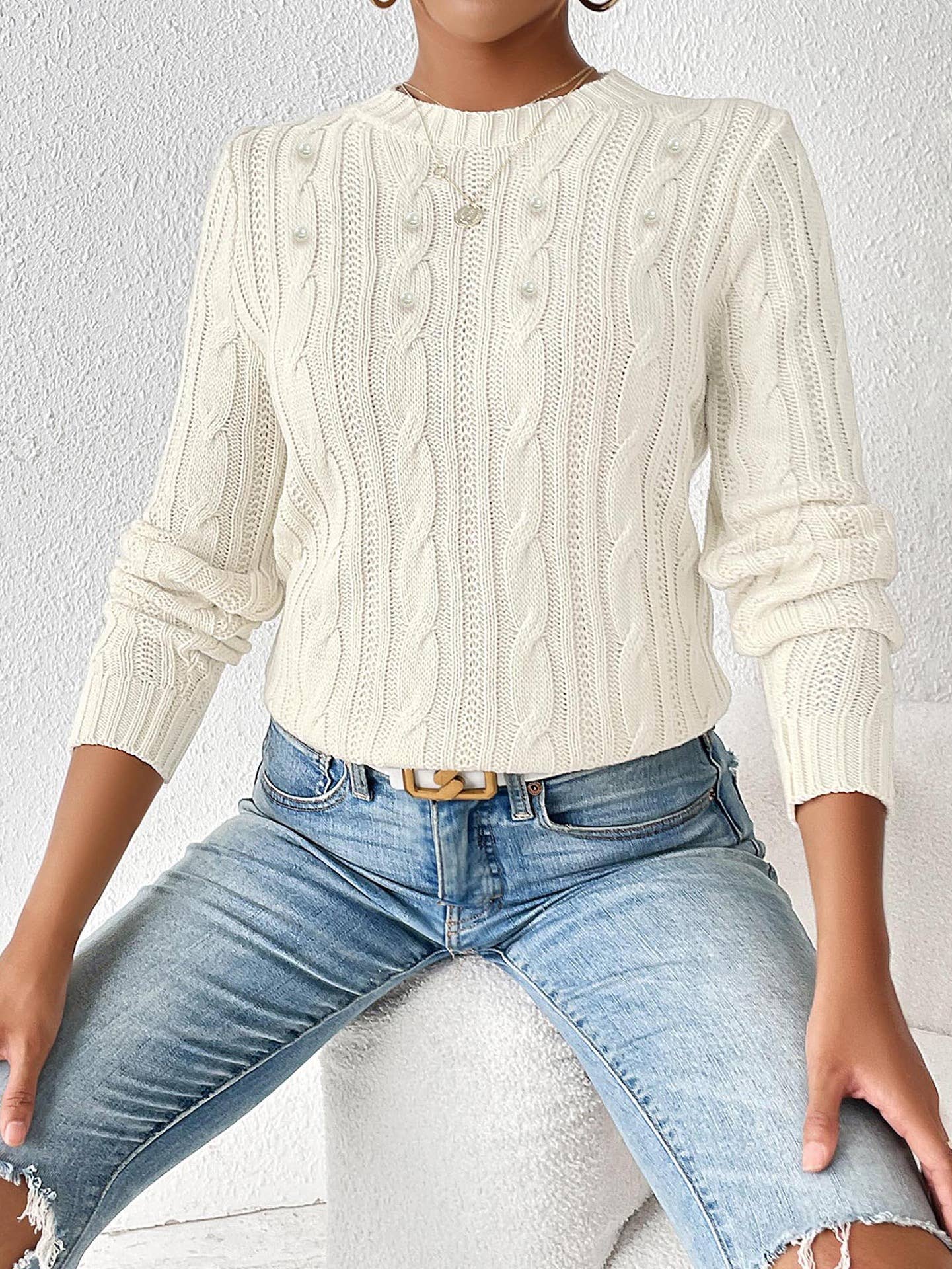 Simple base pearl studded beaded woven sweater