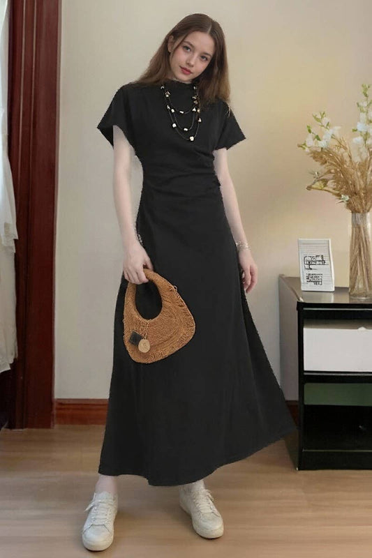 CWDMD6421_VINTAGE RUCHED WAIST BLACK DRAPED MAXI DRESS