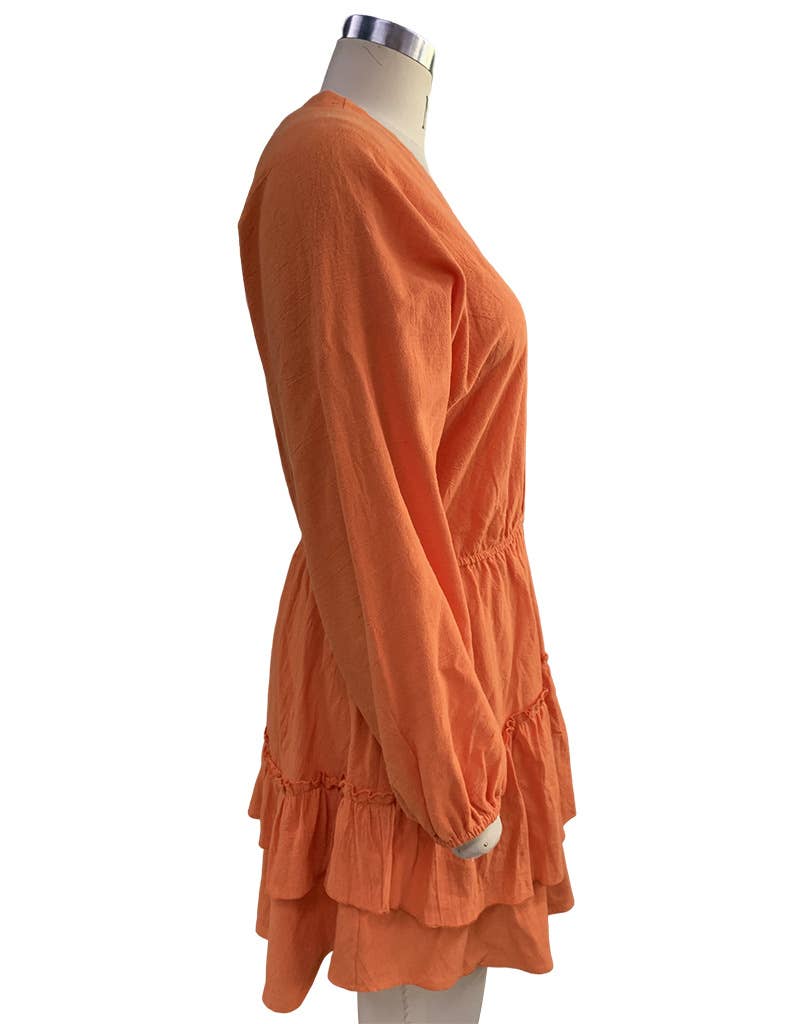 LONG SLEEVE SOLID COLOR COTTON LINEN DRESS