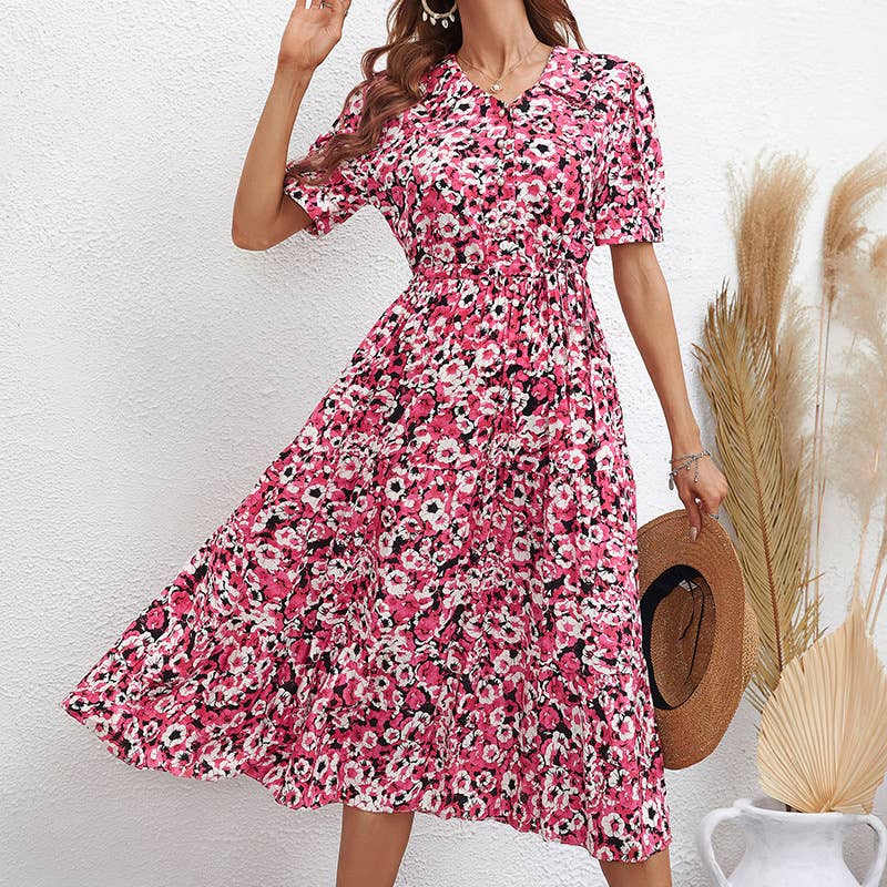 LAPEL WAIST FLORAL PRINT MID-LENGTH SWING DRESS