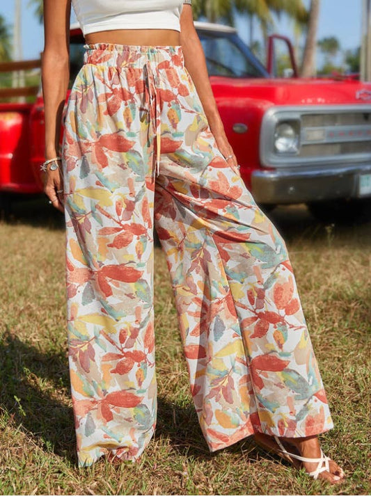 Loose straight-leg pants with drape prints