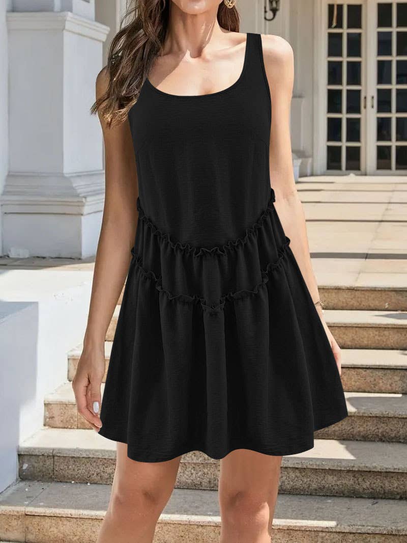 Lace solid-color short cinched-waist vest dress