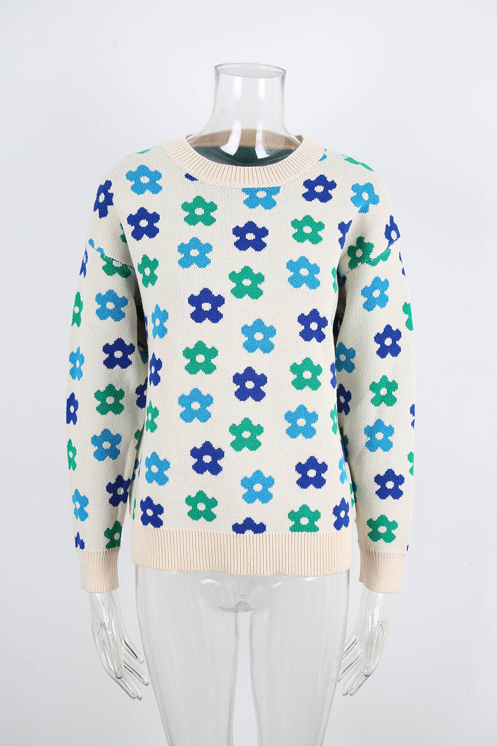 Versatile flower-printed warm threaded sweater