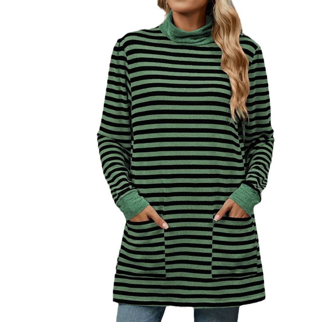STRIPED BAGGY POCKET HIGH-NECK LONG-SLEEVED SHIRT