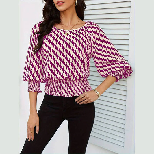 WAIST-IN COLOR CONTRAST PRINTED LONG SLEEVET-SHIRT