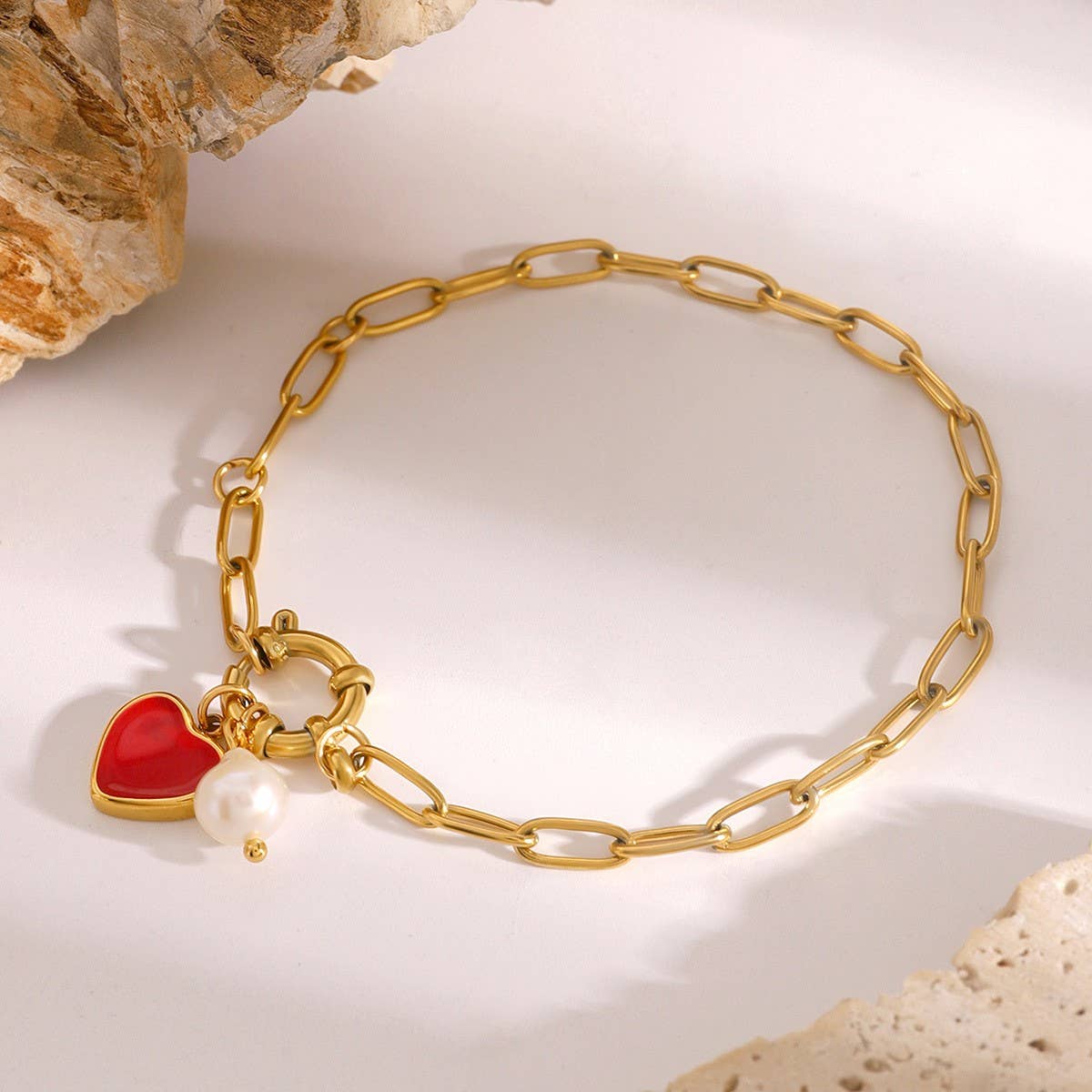 Luxury Pearl Bracelet with Enamel Heart Charm, 18K
