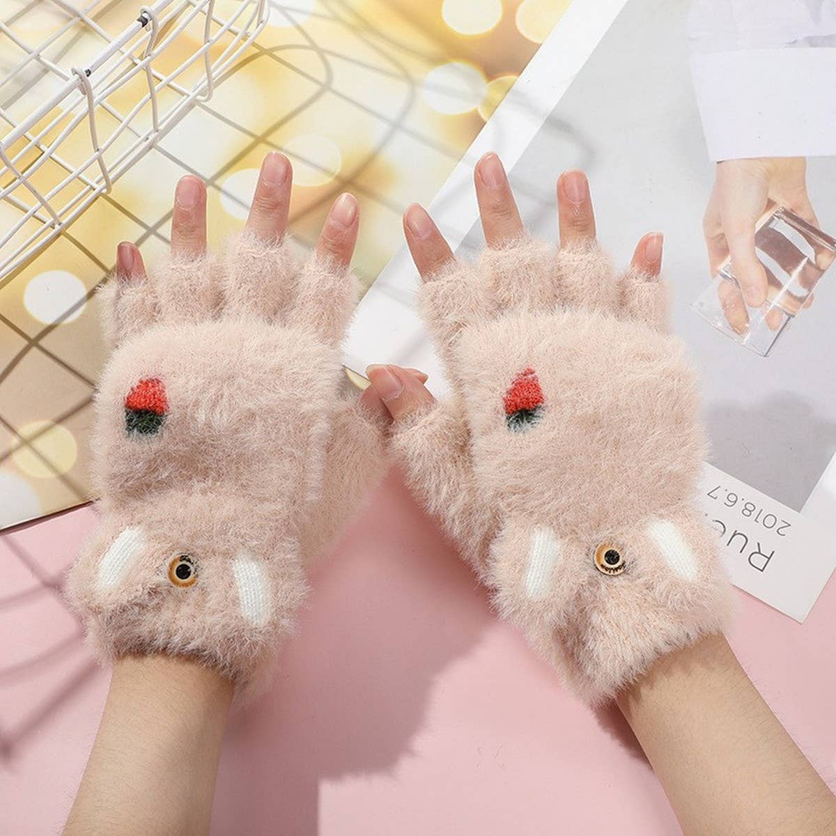 CWAG00565_KIDS PLUSH BEAR CAT PAW FINGER FLIP GLOVES