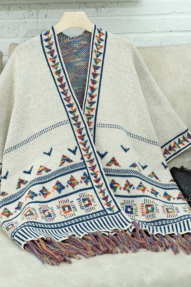 CWOSWS0090_LOOSE KNITTED TASSEL JACQUARD CAPE SHAWL