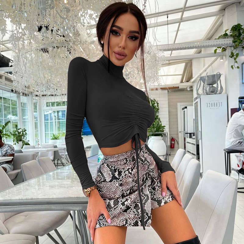 FASHION PLEATED MIDRIFF HALF-NECK T-SHIRT