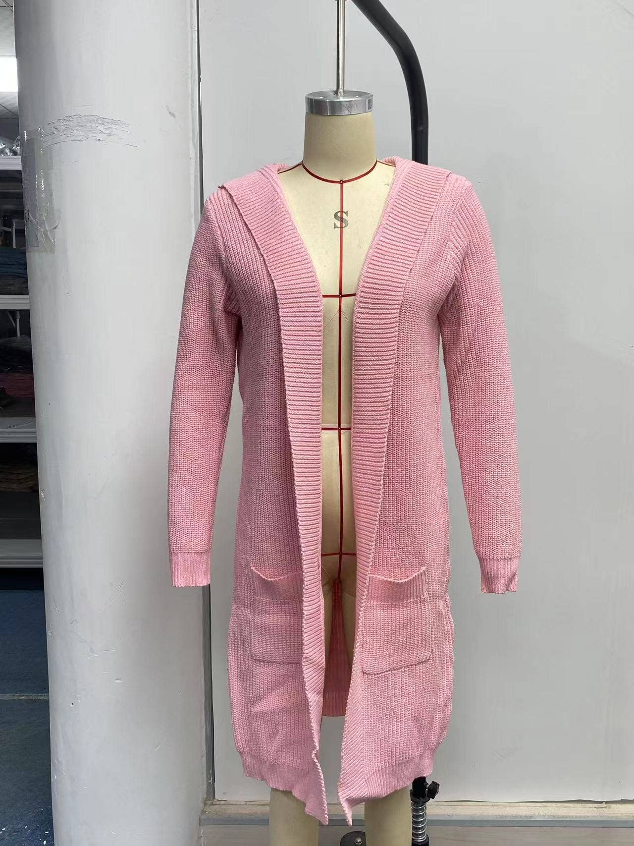 Solid-color hooded long knitted coat