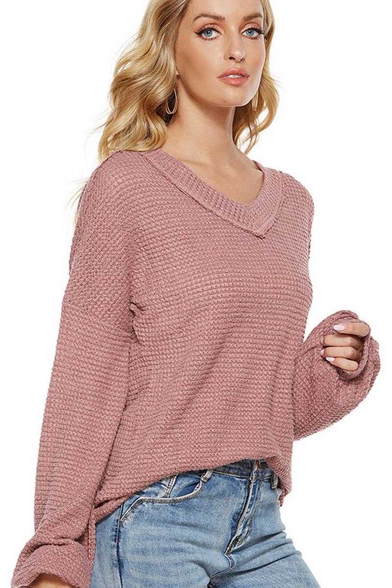 STYLISH LOOSE V NECK LANTERN SLEEVE KNITWEAR_CWOSWL2065