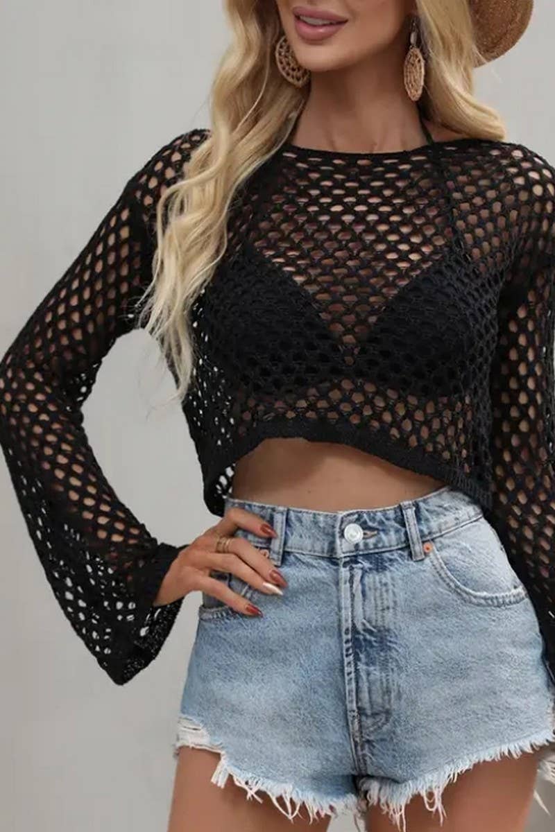 CWTSTSL0109_SPRING AND SUMMER CREW NECK HOLLOW KNIT CARDIGAN