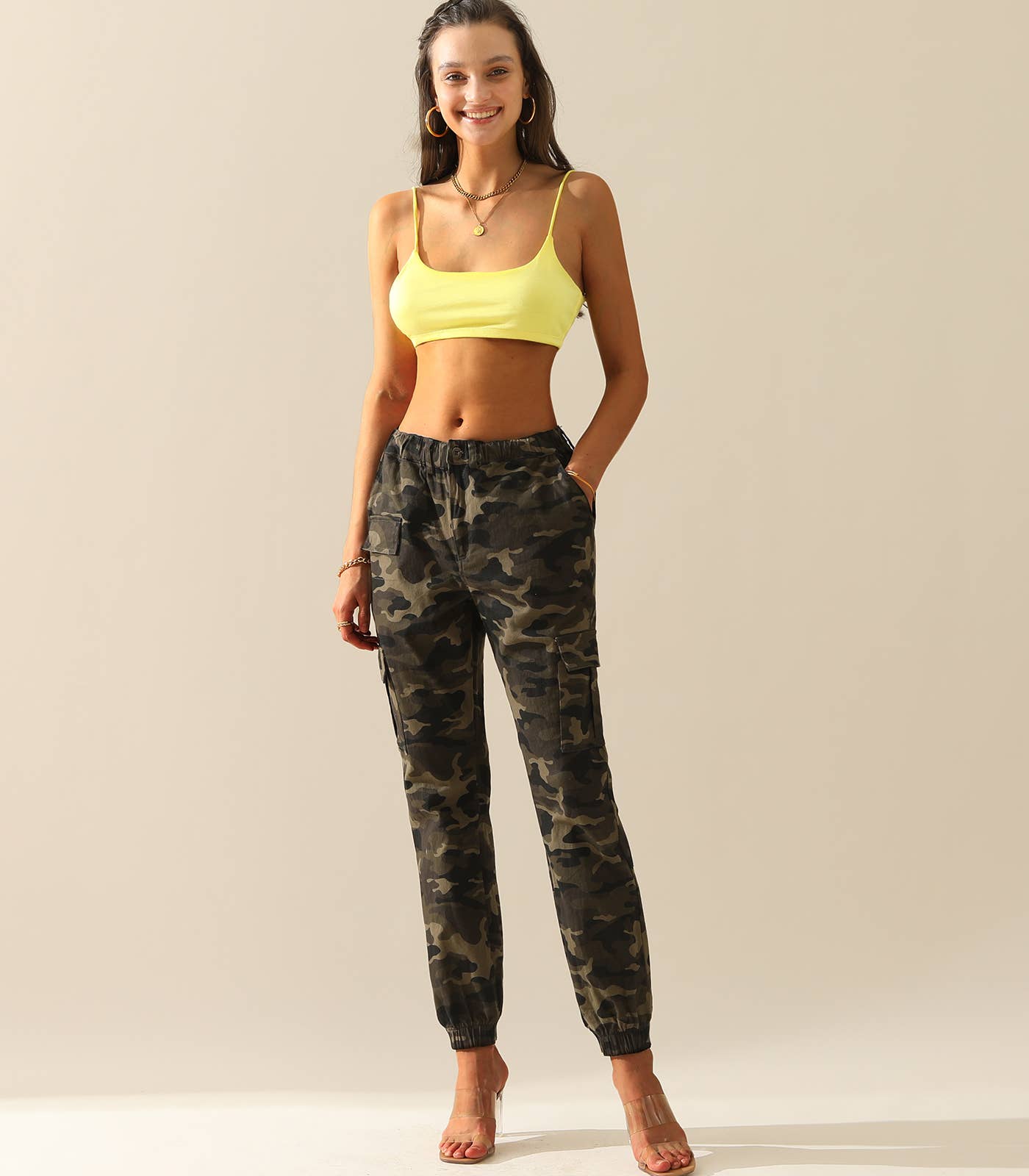 CWBLP400-1_Elastic Waist Camo Cargo Pants Cotton Work Pants