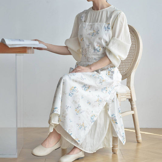 Extended Floral Print Linen Aprons with pockets_CWMM3306
