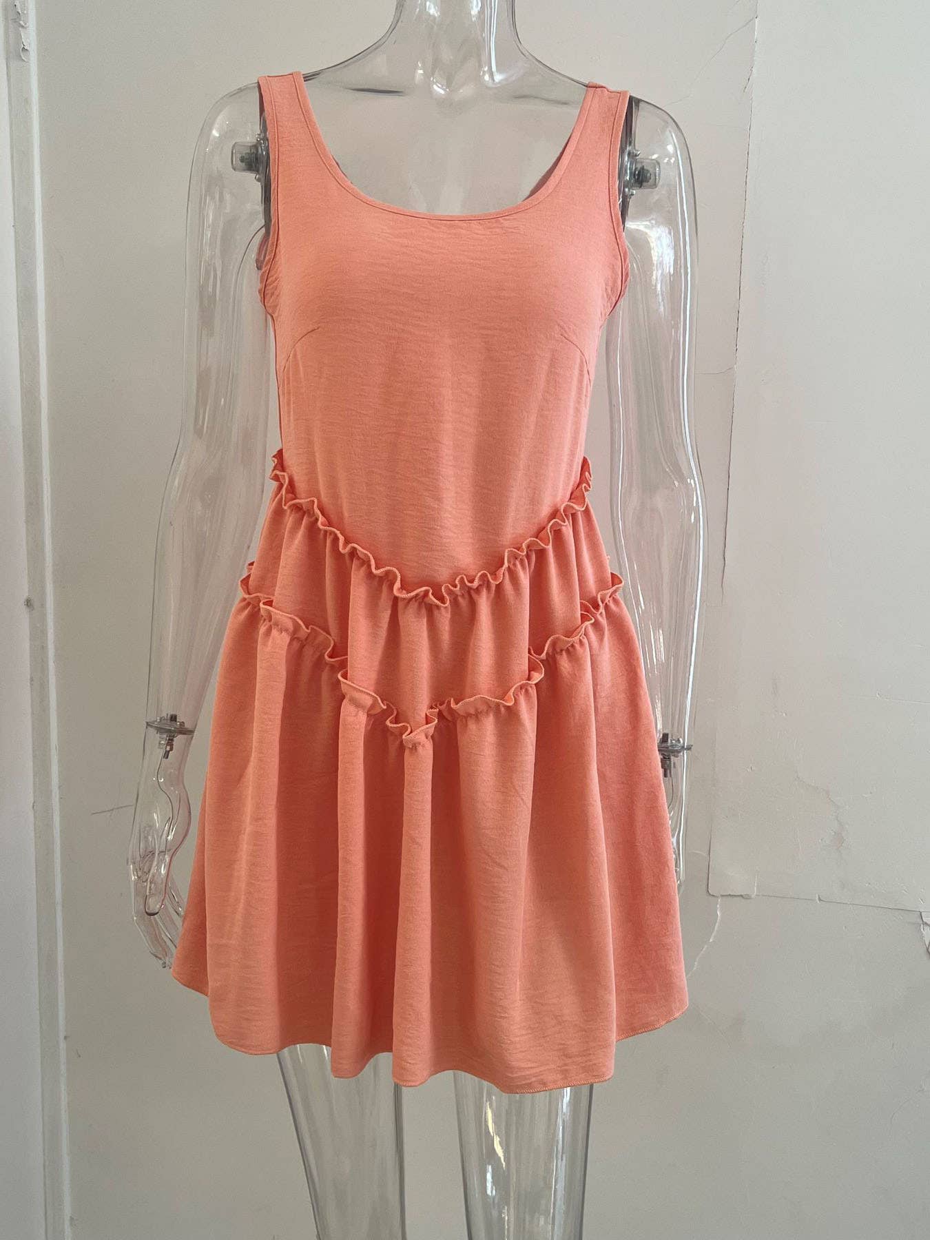 Lace solid-color short cinched-waist vest dress