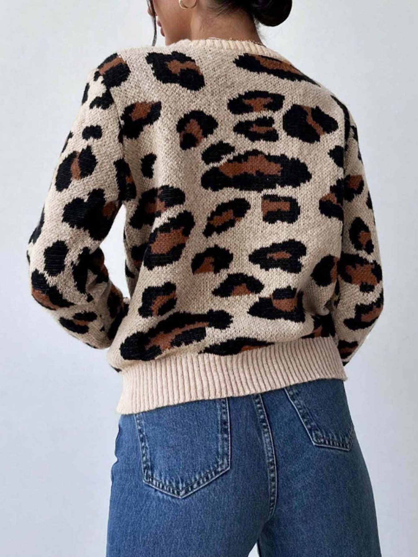 Round-neck retro leopard print pullover sweater