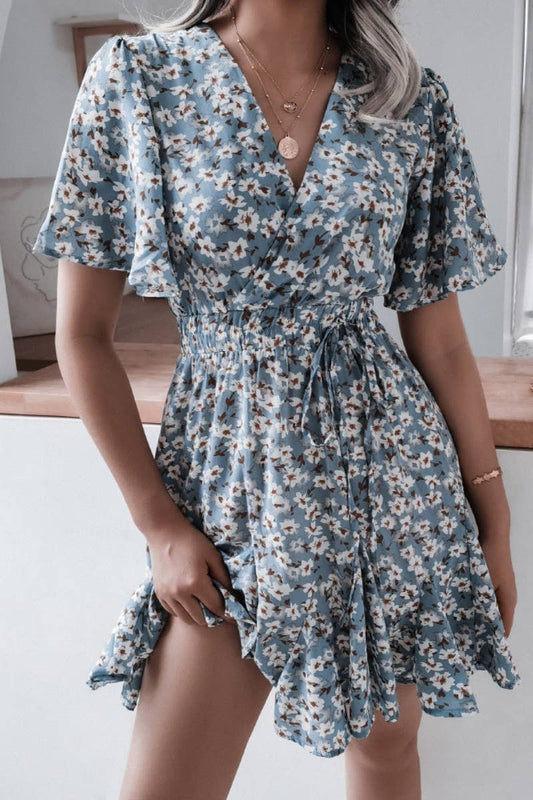 CWDSD4717_V-NECK FLORAL RUFFLED PLEATED DRESS SHORT